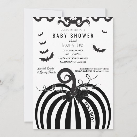 Zwart & Wit Pompoen Halloween Baby shower Kaart (Voorkant)