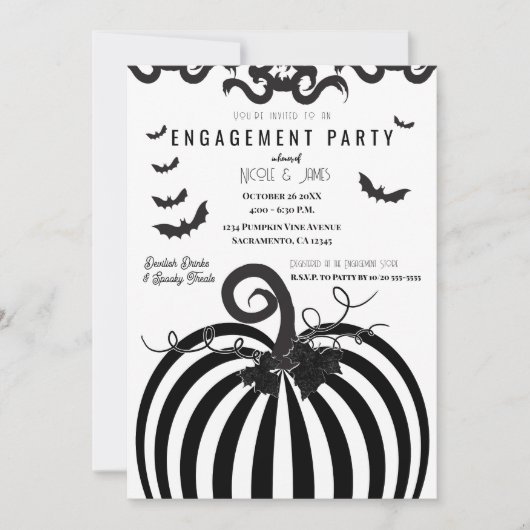 Zwart & Wit Pompoen Halloween Verloving Feestje Kaart (Voorkant)