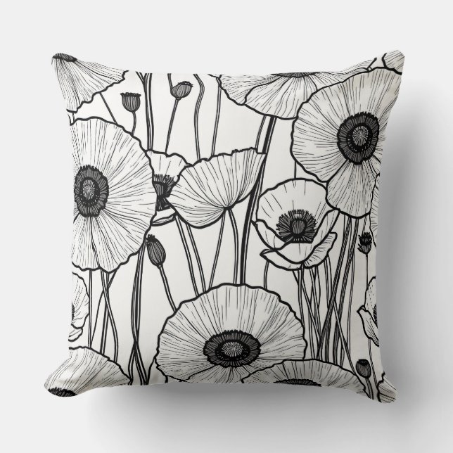 Zwart-wit poppy abstract kussen (Voorkant)