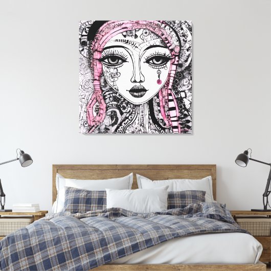 ZWART WIT PORTRET EDGY GEDETAILLEERDE LIJNTEKENING CANVAS AFDRUK (Insitu (Slaapkamer))
