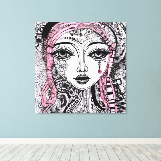 ZWART WIT PORTRET EDGY GEDETAILLEERDE LIJNTEKENING CANVAS AFDRUK (Insitu (Houten vloer))