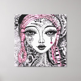 ZWART WIT PORTRET EDGY GEDETAILLEERDE LIJNTEKENING CANVAS AFDRUK