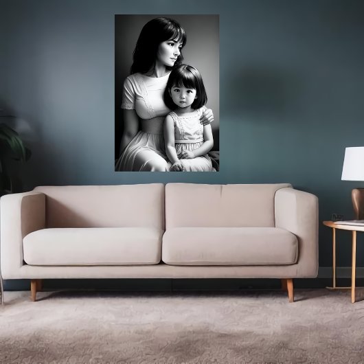 Zwart Wit portret Moeder en dochter | AI Art Poster