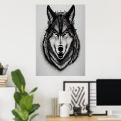 Zwart-wit portret van een wolf | AI Art Poster (Thuiskantoor)