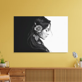 Zwart-wit portret van mooie vrouw kunst canvas afdruk