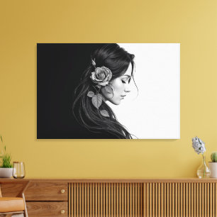 Zwart-wit portret van mooie vrouw kunst canvas afdruk
