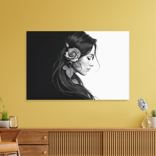 Zwart-wit portret van mooie vrouw kunst canvas afdruk (Insitu (Woonkamer))