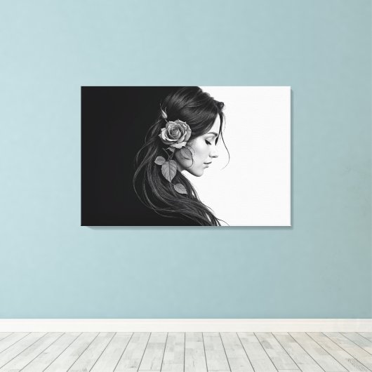 Zwart-wit portret van mooie vrouw kunst canvas afdruk (Insitu (Houten vloer))