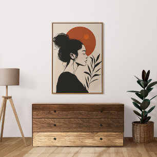 Zwart-wit portret van vrouw met rode zon poster