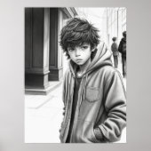 Zwart & Wit Potlood Tekening Jongen AI Gegenereerd Poster (Voorkant)