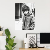 Zwart & Wit Potlood Tekening Jongen AI Gegenereerd Poster (Thuiskantoor)
