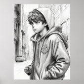 Zwart & Wit Potlood Tekening Jongen AI Gegenereerd Poster (Voorkant)