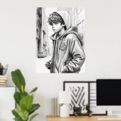 Zwart & Wit Potlood Tekening Jongen AI Gegenereerd Poster (Thuiskantoor)