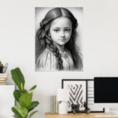 Zwart & Wit Potlood Tekening Meisje Generatieve AI Poster (Thuiskantoor)