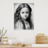 Zwart & Wit Potlood Tekening Meisje Generatieve AI Poster (Keuken)