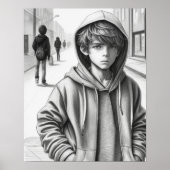 Zwart & Wit Potlood Tekening Verdrietige Jongen AI Poster (Voorkant)