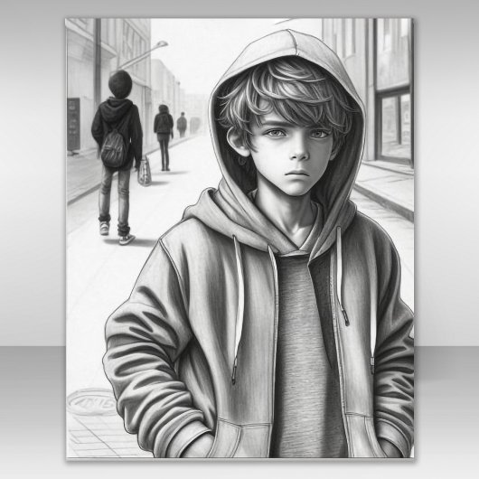 Zwart & Wit Potlood Tekening Verdrietige Jongen AI Poster