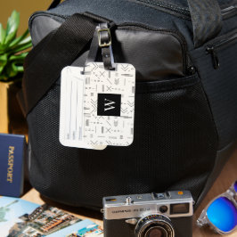 Zwart Wit Prachtig Modern Geometrisch Monogram Bagagelabel