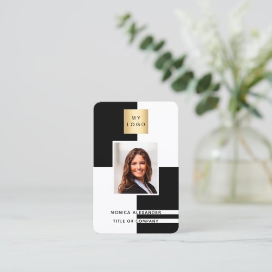 Zwart wit profiel foto bedrijfs logo QR code Visitekaartje (Staand voorkant)