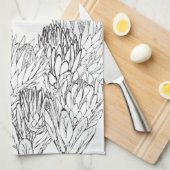Zwart & Wit Protea Sketch Boeket Keuken Handdoek (Quarter Fold)