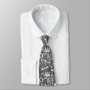 Zwart-wit Purim-tie met Hebreeuwse "Happy Purim"-t Stropdas