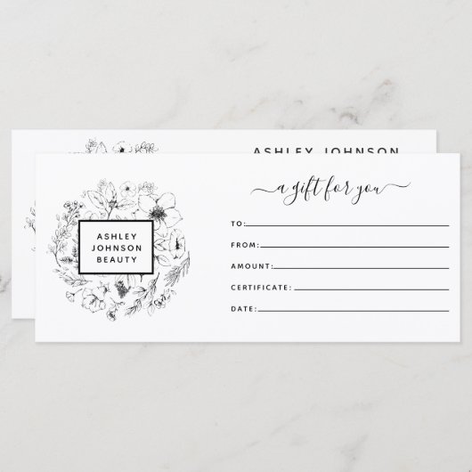 Zwart & Wit QR Code Botanisch Cadeaubon (Voorkant / Achterkant)