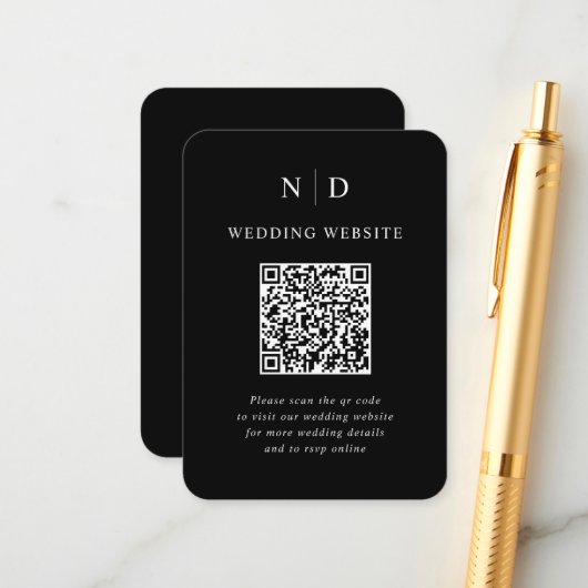 Zwart-wit QR-code bruiloft Informatiekaartje (Voorkant / Achterkant in situ)