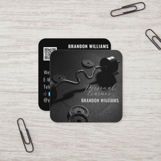Zwart Wit QR Code Fitness Personal Trainer Vierkante Visitekaartje (Voorkant / Achterkant in situ)