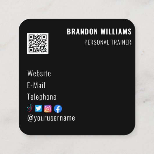 Zwart Wit QR Code Fitness Personal Trainer Vierkante Visitekaartje (Achterkant)