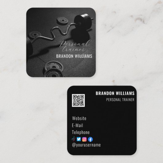Zwart Wit QR Code Fitness Personal Trainer Vierkante Visitekaartje (Voorkant / Achterkant)