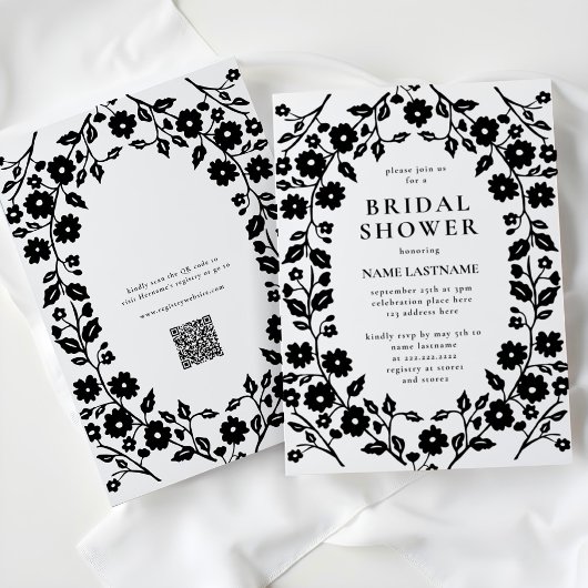 Zwart Wit QR Code Folk Bloemen Vrijgezellenfeest Kaart