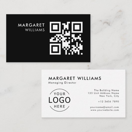 Zwart-wit QR Code Logo Minimalist Professional Visitekaartje (Voorkant / Achterkant)