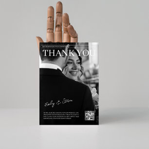 Zwart-wit QR code magazine cover bruiloft Bedankkaart