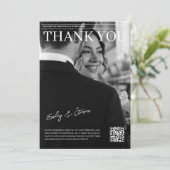 Zwart-wit QR code magazine cover bruiloft Bedankkaart (Staand voorkant)