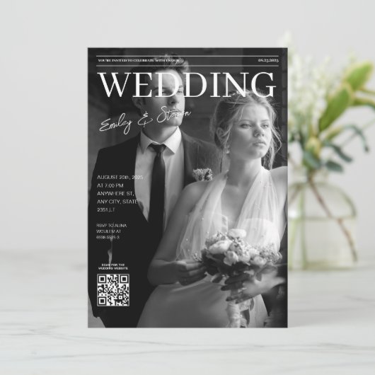 Zwart-wit QR code magazine cover bruiloft Kaart (Staand voorkant)