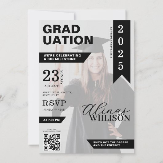 Zwart-wit qr code magazine foto afstuderen kaart (Voorkant)