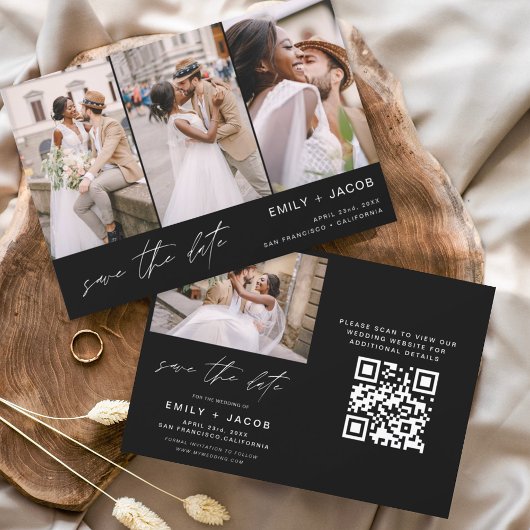 Zwart Wit QR Code Modern Sla de datum op 4 Foto Save The Date