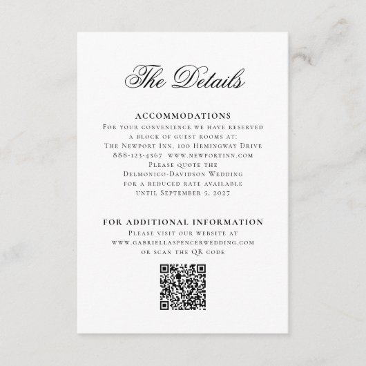 Zwart Wit QR Code Monogram Crest Wedding Details Informatiekaartje (Voorkant)