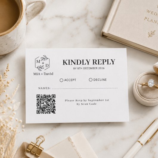Zwart Wit Qr Code monogram Huwelijk Reactie RSVP Kaartje