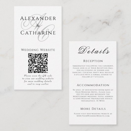 Zwart Wit QR Code Monogram Trouwdetails Kaart (Voorkant / Achterkant)