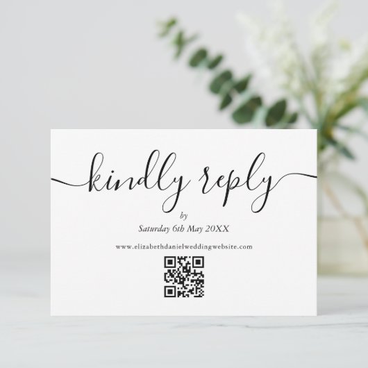 Zwart Wit QR Code Script Bruiloft vriendelijk antw RSVP Kaartje (Staand voorkant)