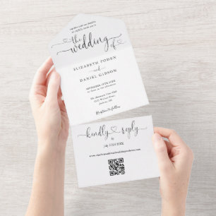 Zwart-wit QR-code-script-harten trouwkaart All In One Uitnodiging