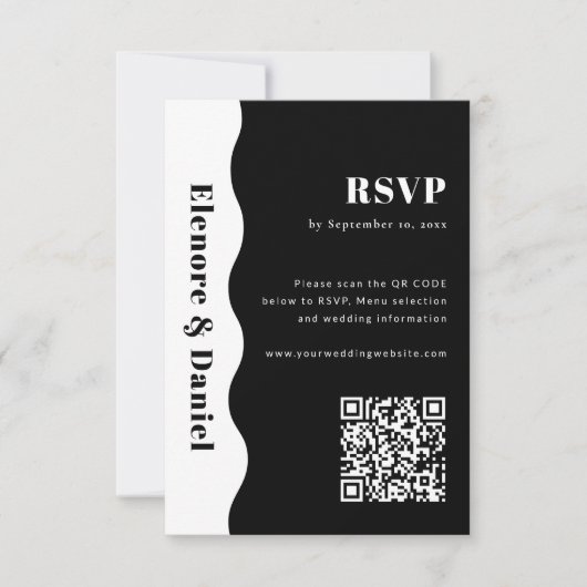 Zwart-wit QR-code Side Wave Photo Wedding RSVP Kaartje (Voorkant)