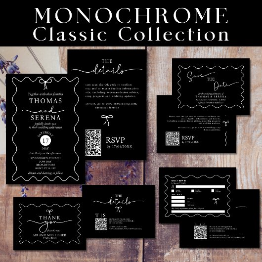 Zwart Wit QR Code Wave Curve Monochrome Bruiloft Kaart