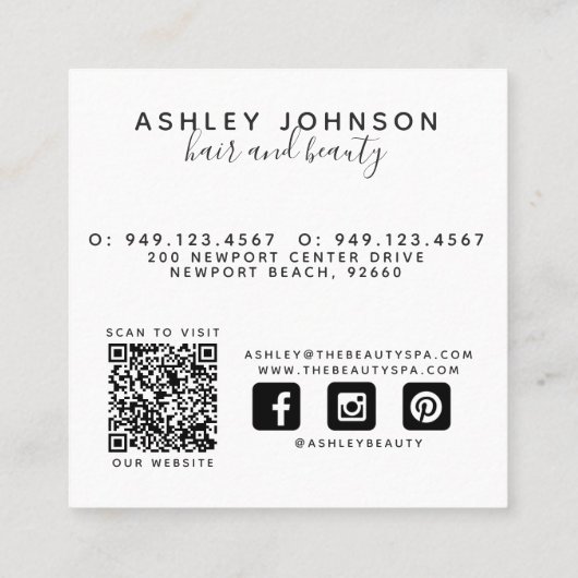 Zwart-wit QR Code Website Modern Botanisch Vierkante Visitekaartje (Achterkant)