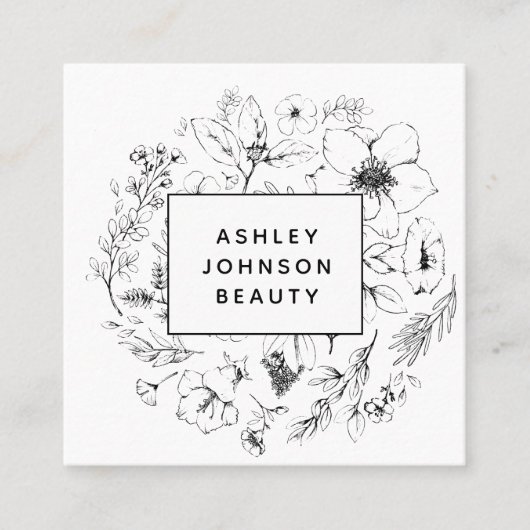 Zwart-wit QR Code Website Modern Botanisch Vierkante Visitekaartje (Voorkant)