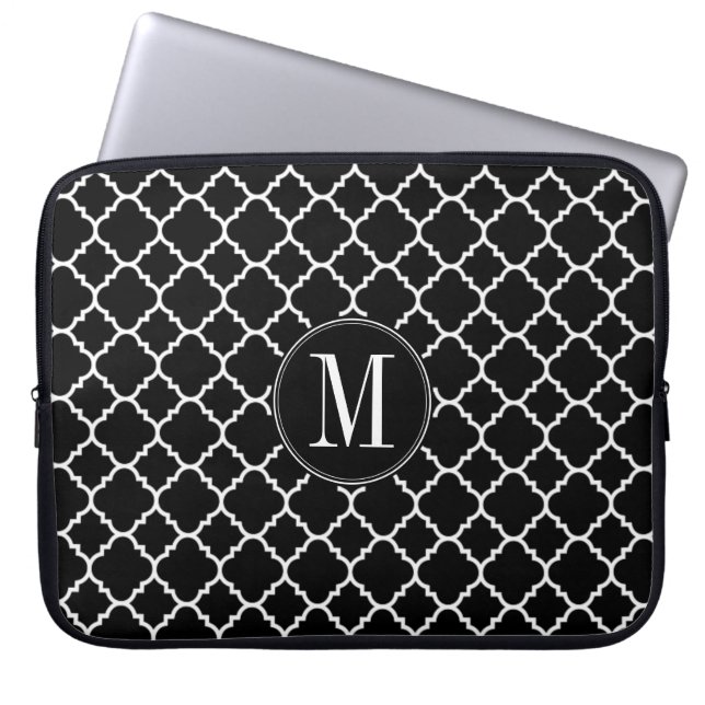 Zwart-wit Quatrefoil Patroon - Aangepast monogram Laptop Sleeve (Voorkant)