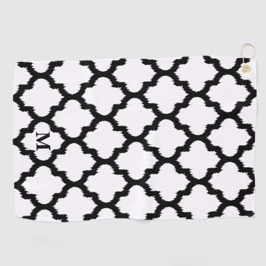 Zwart-wit Quatrefoil Patroon Monogram Golfhanddoek (Horizontaal)