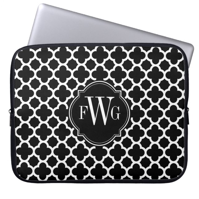 Zwart-wit Quatrefoil Patroon Monogram Laptop Sleeve (Voorkant)