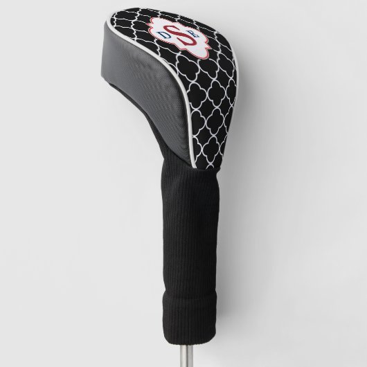 Zwart Wit Quatrefoil Rood Monogram Golfheadcover (Schuin)